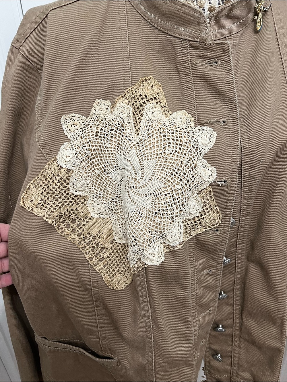 Baccini Upcycled dark tannish brown Jacket with Lace Appliqué and trim. - Picture 2 of 5